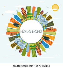 Hong Kong China City Skyline with Color Buildings, Blue Sky and Copy Space. Vector Illustration. Business Travel and Tourism Concept with Modern Architecture. Hong Kong Cityscape with Landmarks.