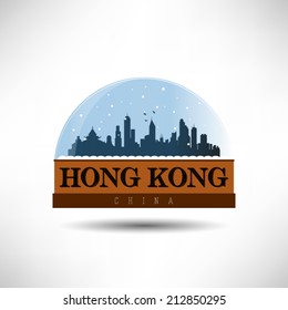 Hong Kong, China City Skyline Silhouette In Snow Globe. Vector Design.