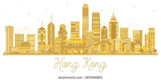 Hong Kong China City Skyline Silhouette mit goldenen Gebäuden isoliert auf Weiß. Vektorillustration. Geschäftsreise und Tourismus Konzept mit moderner Architektur. Hong Kong Stadtbild mit Wahrzeichen.