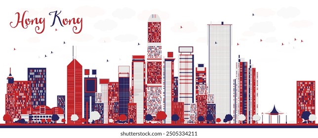 Hong Kong China city skyline with color buildings. Vector illustration. Cityscape with landmarks.