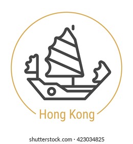 Hong Kong (China) outline icon with caption. Hong Kong City logo, landmark, vector symbol. Hong Kong Aqua Luna sailing ship. Illustration of Hong Kong isolated on white background.