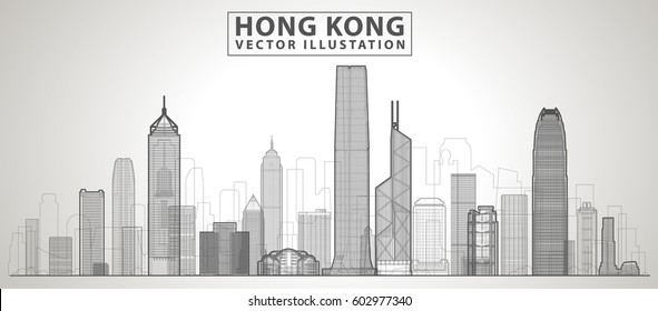  Hong Kong city. All buildings - customizable different objects with background fill, so you can change composition for your project. Line art.