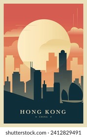 Hong Kong city brutalism poster with abstract skyline, cityscape retro vector illustration. China metropolis travel guide cover, brochure, flyer, leaflet, business presentation template image