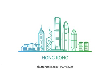 Hong Kong city colored gradient line. All Hong Kong buildings - customizable objects with opacity mask, so you can simple change composition and background fill. Line art.