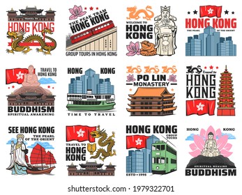 Hong Kong city landmarks icons. Great Buddha on lotus, asian dragon and Hong Kong flag, ferry, cityscape and buddhist temple, Po Lin monastery, pagoda and golden bauhinia, double-decker and peak tram