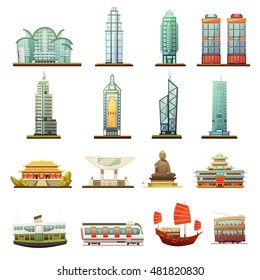 Hong Kong City Landmarks Temple Buddha Statue And Transportation Elements Retro Cartoon Icons Collection Isolated Vector Illustration 