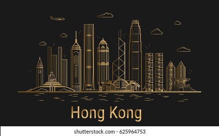 Línea de arte de la ciudad de Hong Kong, arquitectura dorada ilustración vectorial, ciudad en horizonte, todos edificios famosos.