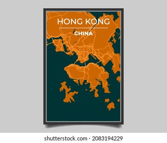 Hong Kong city. Map of largest city in the world vector for wall decoration. Modern deep blue and orange color. Vector graphic eps 10