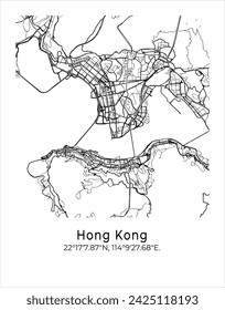 Stadtplan von Hong Kong. Reiseposter Vektor-Illustration mit Koordinaten. Hongkong, China Vektor-Karte im Lichtmodus.