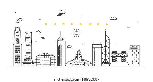 Hong Kong City. Modern Flat Line Landscape Vector. City Line Art Illustration With Building, Tower, Skyscrapers. Vector Illustration.