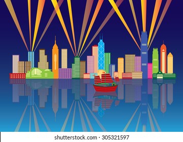 Hong Kong City Night Skyline with Laser Light Rays Panorama Color on Blue Background Vector Illustration