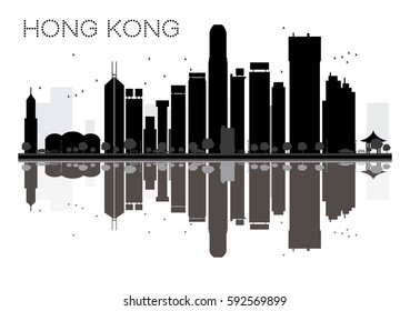 Hong Kong City skyline black and white silhouette with Reflections. Vector Illustration. Simple flat concept for tourism presentation, banner, placard or web site. Cityscape with landmarks.
