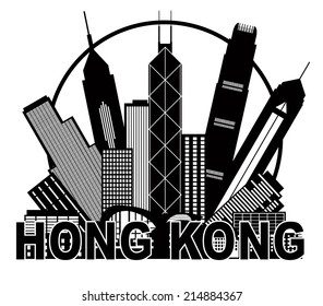 Hong Kong City Skyline in Circle Black Outline Isolated on White Background Vector Illustration