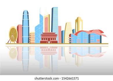 Hong Kong City Skyline In Color On Transparent Background. Modern Illustration With Famous Buildings.Hong Kong Skyline With Reflection