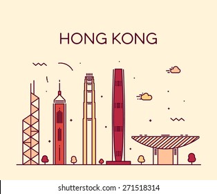 Hong Kong City skyline detailed silhouette. Trendy vector illustration, line art style.