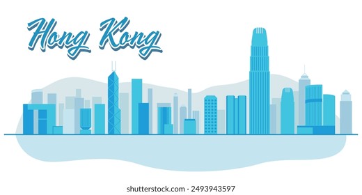 Hong Kong City Skyline Horizontaler Banner. Reisearchitektur-Silhouette mit blau nebligen transparenten Hintergrundgebäuden von HONG KONG, CHINA. In: Famous Wahrzeichens of China in Asia.