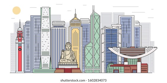 Hong Kong city skyline with landmarks and monuments horizontal banner, cartoon sketch vector illustration background. Urban modern architecture cityscape.