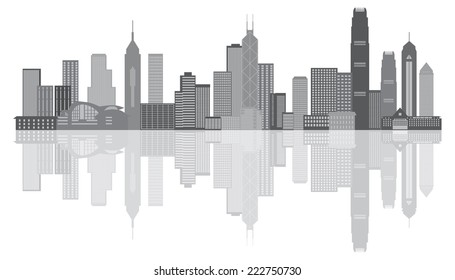 Hong Kong City Skyline Panorama Grayscale Isolated on White Background Vector Illustration