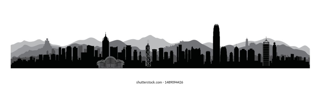 Hong Kong city skyline with tourist attraction buildings and skyscrapers. Travel Chinese Asia background