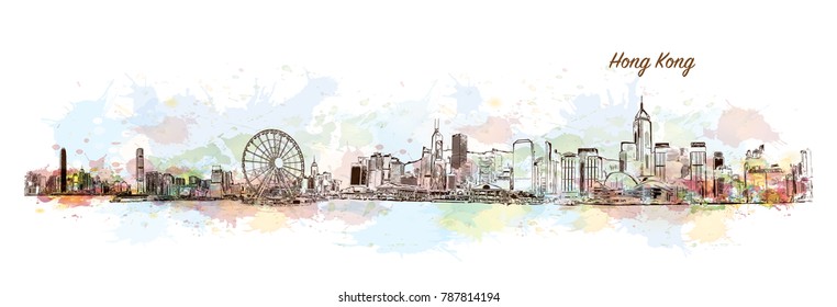 Hong Kong City Skyline. Wasserfarbspritzer mit Skizze in Vektorgrafik.