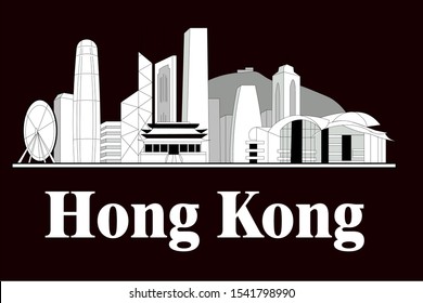 Hong Kong city skyline white on black background. Modern illustration with famous buildings. Panorama postcard