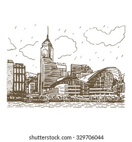 Hong Kong city. Vector hand drawn sketch.