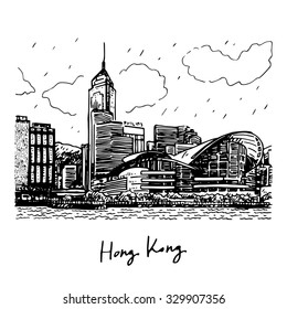 Hong Kong city. Vector hand drawn sketch.