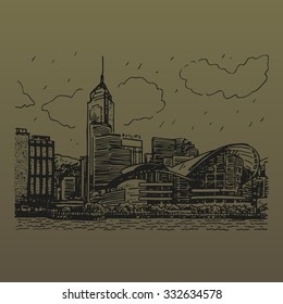 Hong Kong city. Vector hand drawn sketch.