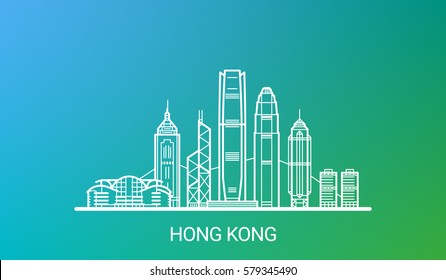 Hong Kong city white line on colorful background. All Hong Kong buildings - customizable objects with opacity mask, so you can simple change composition and background. Line art.