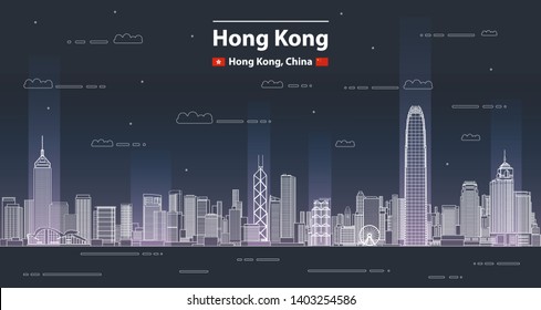 Hong Kong cityscape line art style vector detailed illustration. Travel background