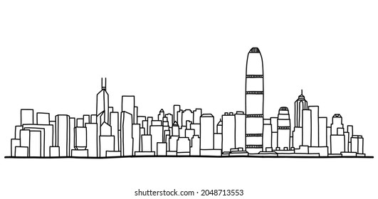 Hong Kong Cityscape Skyline Outline Doodle Drawing On White Background. Vector Illustration.