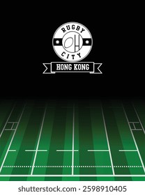 Hong Kong Concept for Rugby City white Stamp with Green Field Background, abstract illustration image