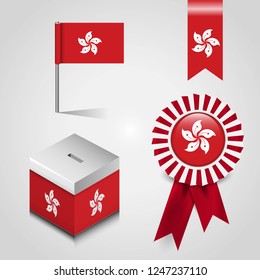 Hong Kong Country Flag Place On Vote Box, Ribbon Badge Banner And Map Pin