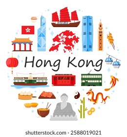 Hong Kong culture elements and city landmarks in round infographic banner. Travel to Asia objects, yin yang symbol and dragon, bamboo and ferry, cable car in circle cartoon vector illustration