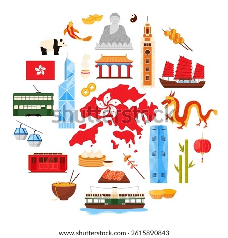 Hong Kong culture elements and landmarks, flag and map, food menu in round infographic banner. Traditional temple and skyscraper, dumplings and bamboo, tram in circle cartoon vector illustration
