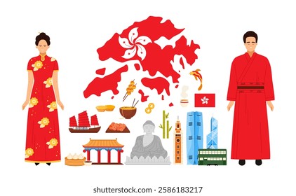 Hong Kong culture elements and objects, old and modern landmarks, smiling people in traditional clothes in infographic poster collage. Clock Tower and ship with red sails cartoon vector illustration