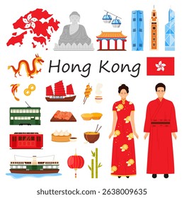 Hong Kong culture elements and people in traditional dress, landmark and street food infographic set. Ferry, tram and bus, cable car for tourist travel, Buddha statue cartoon vector illustration