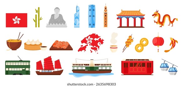 Os elementos da cultura de Hong Kong e a visão vendo marcos definidos. Buda monumento e antigo pagode, mapa e bandeira, transporte turístico da cidade, bolas de peixe e dim sum rua comida desenho animado vetor ilustração