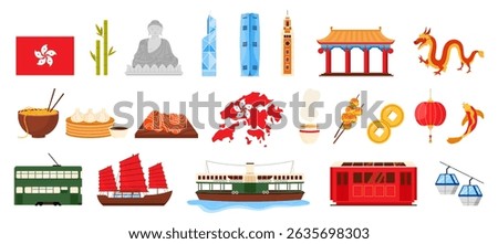 Hong Kong culture elements and sight seeing landmarks set. Buddha monument and ancient pagoda, map and flag, tourist transport of city, fish balls and dim sum street food cartoon vector illustration