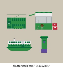 Hong Kong Culture. Vector Hong Kong traditional green elements. Green Object. Transportation and food stalls in hong kong.Hong kong landmark.