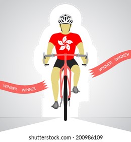 Hong Kong cyclist in front view crossing red finish line vector isolated illustration