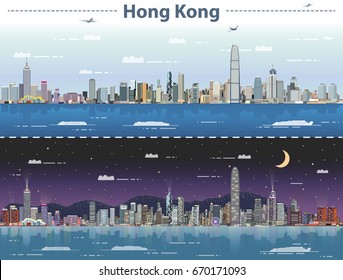 Hong Kong Day And Night City Skyline Vector Illustration