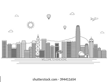 Hong Kong detailed skyline. Travel and tourism background. Vector background. line illustration. Line art style