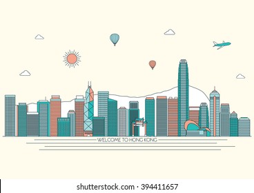 Hong Kong detailed skyline. Travel and tourism background. Vector background. line illustration. Line art style