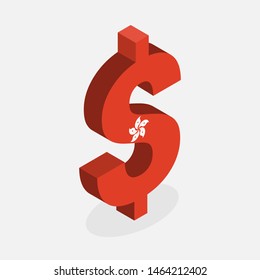 Hong Kong Dollar Currency Symbol with Flag of Hong Kong, Flat Isometric Style