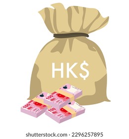 Hong Kong Dollar Vector Illustration. Hong Kong, Macau money set bundle banknotes. Money bag 100 HKD. Flat style. Isolated on white background. Simple minimal design.