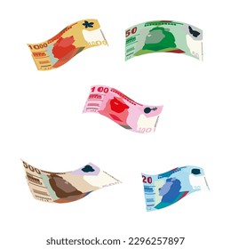 Hong Kong Dollar Vector Illustration. Hong Kong, Macau money set bundle banknotes. Falling, flying money 20, 50, 100, 500, 1000 HKD. Flat style. Isolated on white background. Simple minimal design.