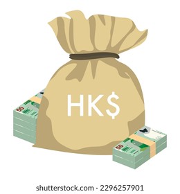 Hong Kong Dollar Vector Illustration. Hong Kong, Macau money set bundle banknotes. Money bag 50 HKD. Flat style. Isolated on white background. Simple minimal design.