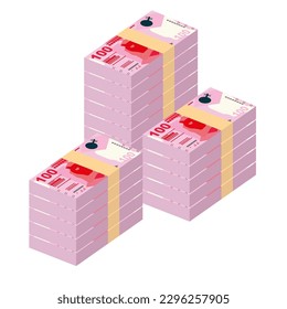 Ilustración del vector del dólar de Hong Kong. Hong Kong, Macao dinero pone billetes en paquete. Dinero en papel 100 HKD. Estilo plano. Aislado sobre fondo blanco. Diseño sencillo y mínimo.