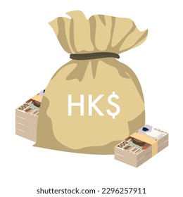 Ilustración del vector del dólar de Hong Kong. Hong Kong, Macao dinero pone billetes en paquete. Bolsa de dinero 500 HKD. Estilo plano. Aislado sobre fondo blanco. Diseño sencillo y mínimo.